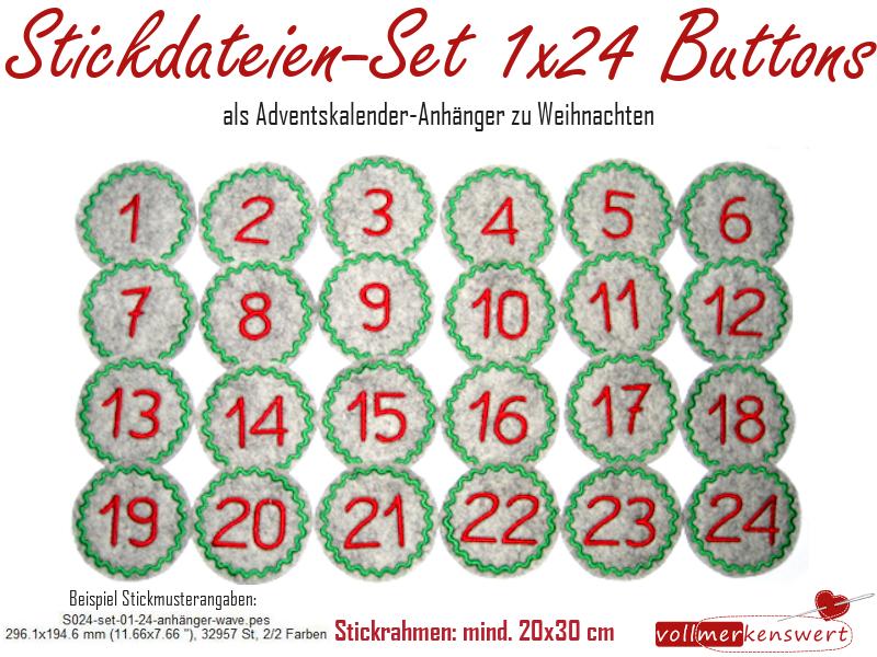 Stickdatei-Set 24 Adventskalender-Anhänger zur Weihnachtszeit 1x24 Buttons für 20x30cm Stickrahmen S024